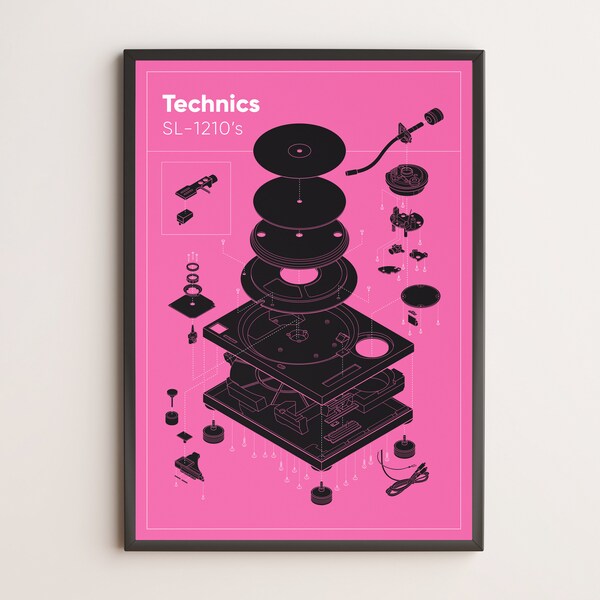 Vintage Technics 1210s Turntable Poster, Schematic Wall Art Print, Living Room Decor, DJ Studio Vinyl Record player, Pink, Gift for Sister