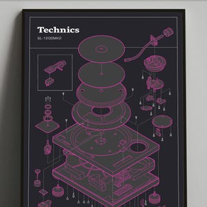 Technics 1200 Turntable Poster, DJ Vinyl Record Player Print, Gift for Dad, Dorm Room Poster, Digital Download, Schematic, Black Pink