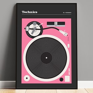 Technik 1200 Schallplattenspieler Poster, Retro Vintage Flache Vektor-Illustration, auffällige Wandkunst für Musikliebhaber, Rosa Schwarz