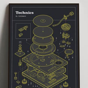 Technics 1200 print, vinyl record player art, retro turntable poster, gift for musician, technical drawing, DJ poster art, Black Yellow