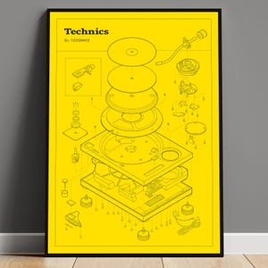 DJ Turntable Art Print Gift For Music Lover Digital Download Vinyl Record Player Poster Retro Home Decor Technics SL1200 Schematic