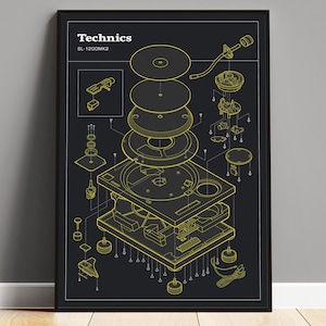 Technics 1200 print, vinyl record player art, retro turntable poster, gift for musician, technical drawing, DJ poster art, Black Yellow