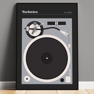 Technics 1200 Vinyl Record Player Poster, Retro Vintage Flat Vector Illustration, Eye-Catching Wall Art for Music Lovers, Grey Black