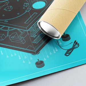 Technics 1200 Record Player, Schematic Wall Art, Retro Vinyl Art, Blue Vinyl Art Print, Dorm Room Decor, Technical Blueprint, A1 A2 Poster