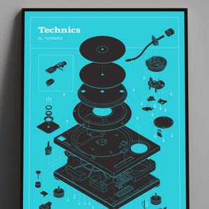 Technics 1200 Record Player Schematic Wall Art, DJ Turntable Blueprint Poster, Blue Art Print, Gift for him, Printable Digital Download