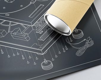 Technics 1200 Turntable Blueprint Poster, DJ Room Decor, Printed Wall Art, Black/White