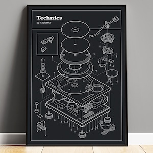 Technik 1200 Print, DJ Plattenspieler Poster, Plattenspieler Blaupause, Vinyl Wand Kunst, Wohnheim Zimmer Dekor, Geschenk für DJ, Schaltplan Digitaler Download