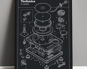 テクニック SL-1200 MK2 DJターンテーブル、技術図面、分解図ポスター