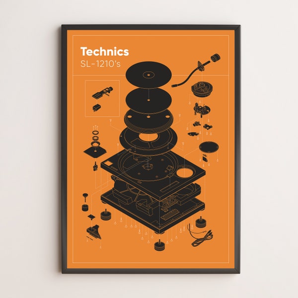 Retro Record Player Wall Art Gift for dad, Technics 1210 DJ Turntables Poster, Orange, Digital Download