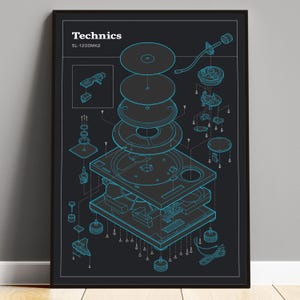 Technics 1200 Print, Technics Poster, Record Player Blueprint, Vinyl Lover Wall Art, Dorm Room Decor, DJ Gift, Digital Download, Black