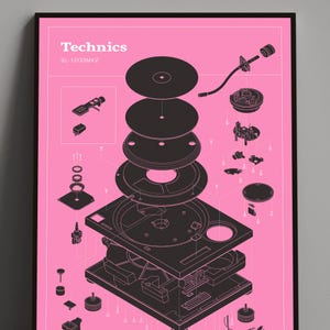 Technics 1200 Record Player, Schematic Wall Art, DJ Turntable Blueprint Poster, Pink Art Print, Gift for her, Printable Digital Download