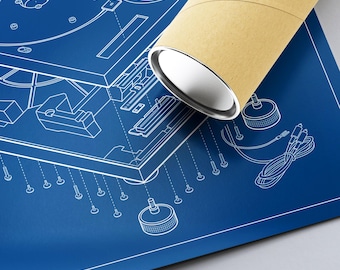 Technics 1200 Blueprint Poster: Retro Schematic Turntable Art Print, Classic Blue