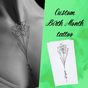Benutzerdefinierte Geburtsmonat Blumen Tattoo-März Narzisse Narzisse Tattoo Art-Custom Name Design-Line Art Floral Tattoo Personalisierte Geburtstagsblume