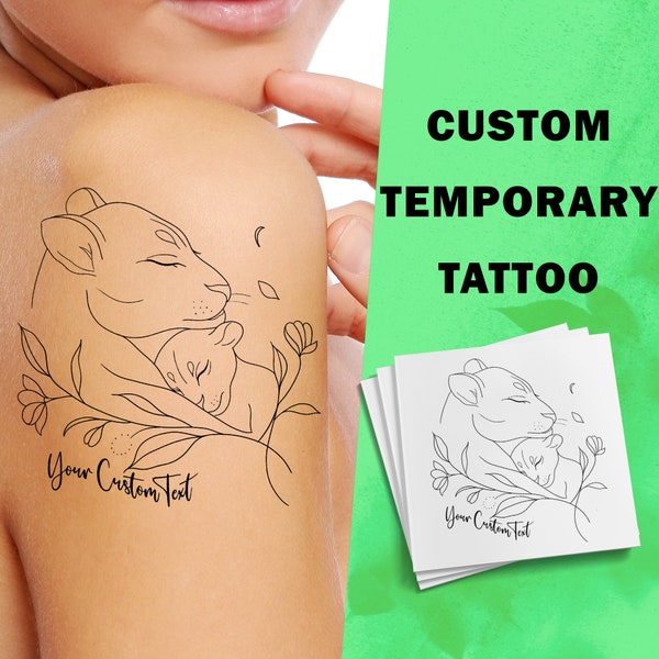 Mère et bébé lion texte personnalisé tatouage temporaire - maman et bébé - maman et enfant - tatouages personnalisés - amour de famille - cadeau pour maman