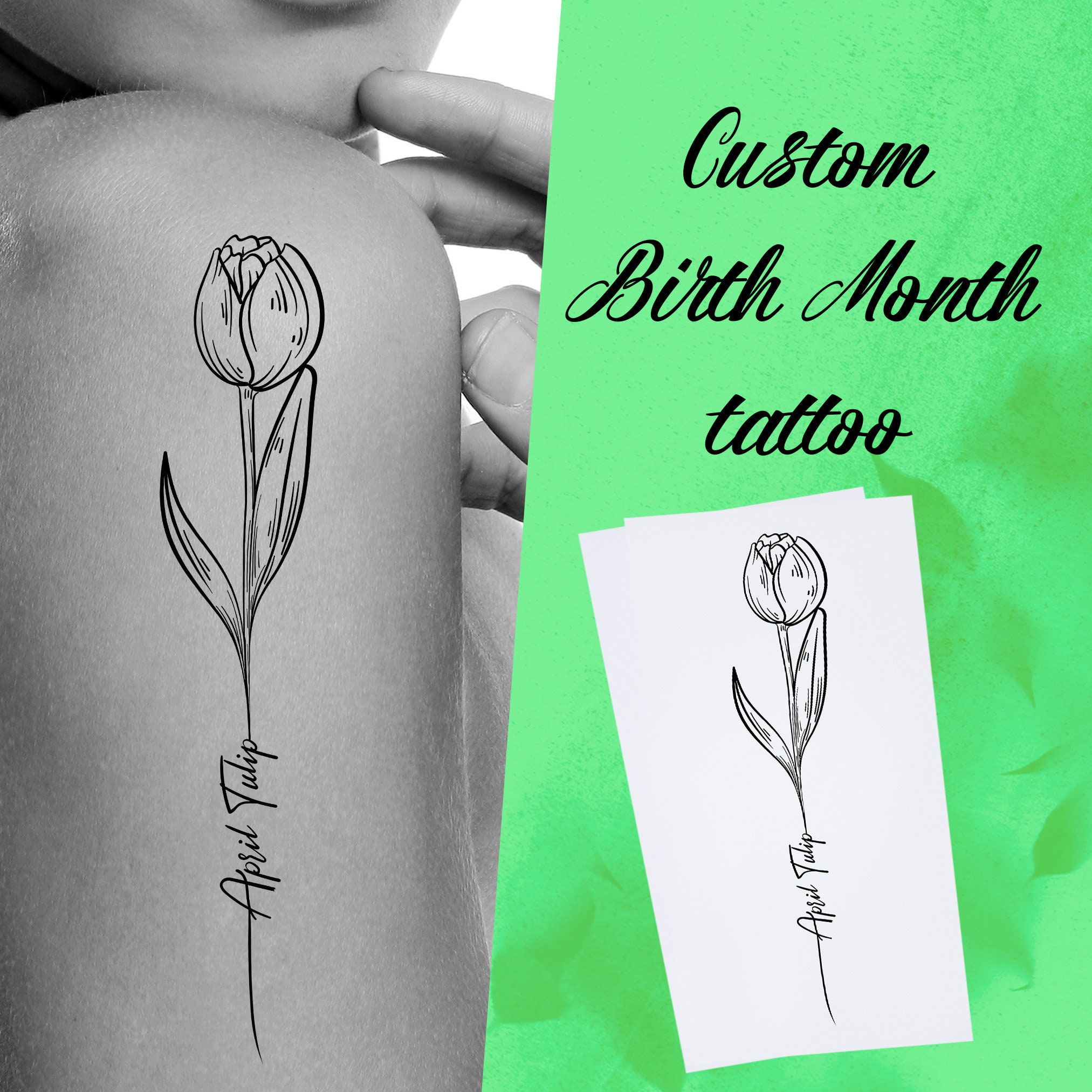 Tatuaggio personalizzato con fiore del mese di nascita Tatuaggio Tulipano  di Aprile Design personalizzato con nome Tatuaggio floreale con disegno  lineare, tatuaggio personalizzato con fiore di compleanno - Etsy Italia