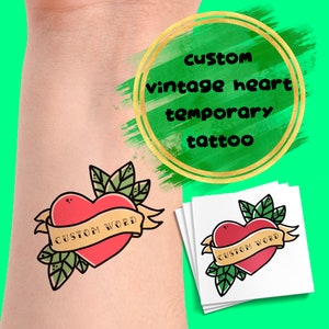 Custom Classic vintage heart temporary tattoo - Custom name tattoo - Old school heart tattoo - Personalized temporary tattoo