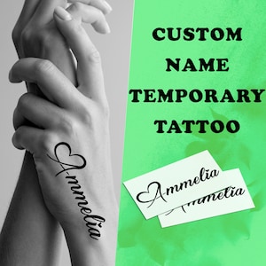 Tatuaje temporal personalizado - Tatuaje falso de nombre minimalista con corazones - Tatuaje temporal pequeño - Tatuaje personalizado - Tatuaje a juego - Regalo para mamá, papá
