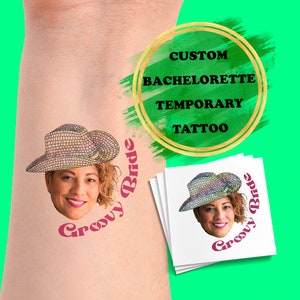 Personalized Bachelorette Tattoo_Groovy and boozy_Party Favors_Brides Party Custom Personalised Temporary Tattoos_Cut out Face Tattoos