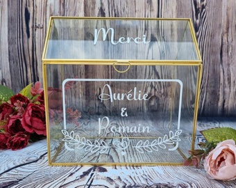 Urne en verre mariage – Boite à cartes en verre – Mariage – Urne personnalisable – Boite à carte mariage – en verre et métal doré