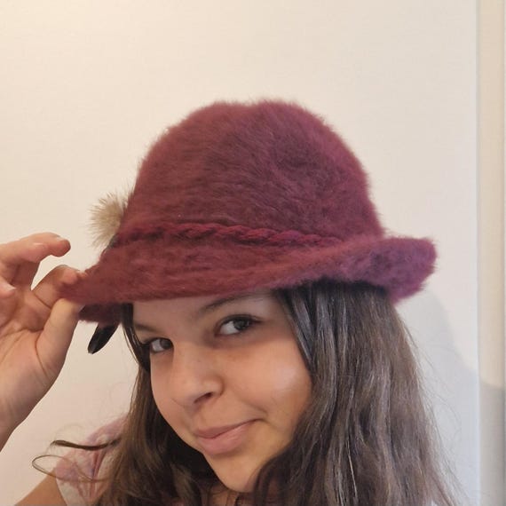 Vintage Kangol Angora Bucket Hat, Berry Feathered Winter Hat 