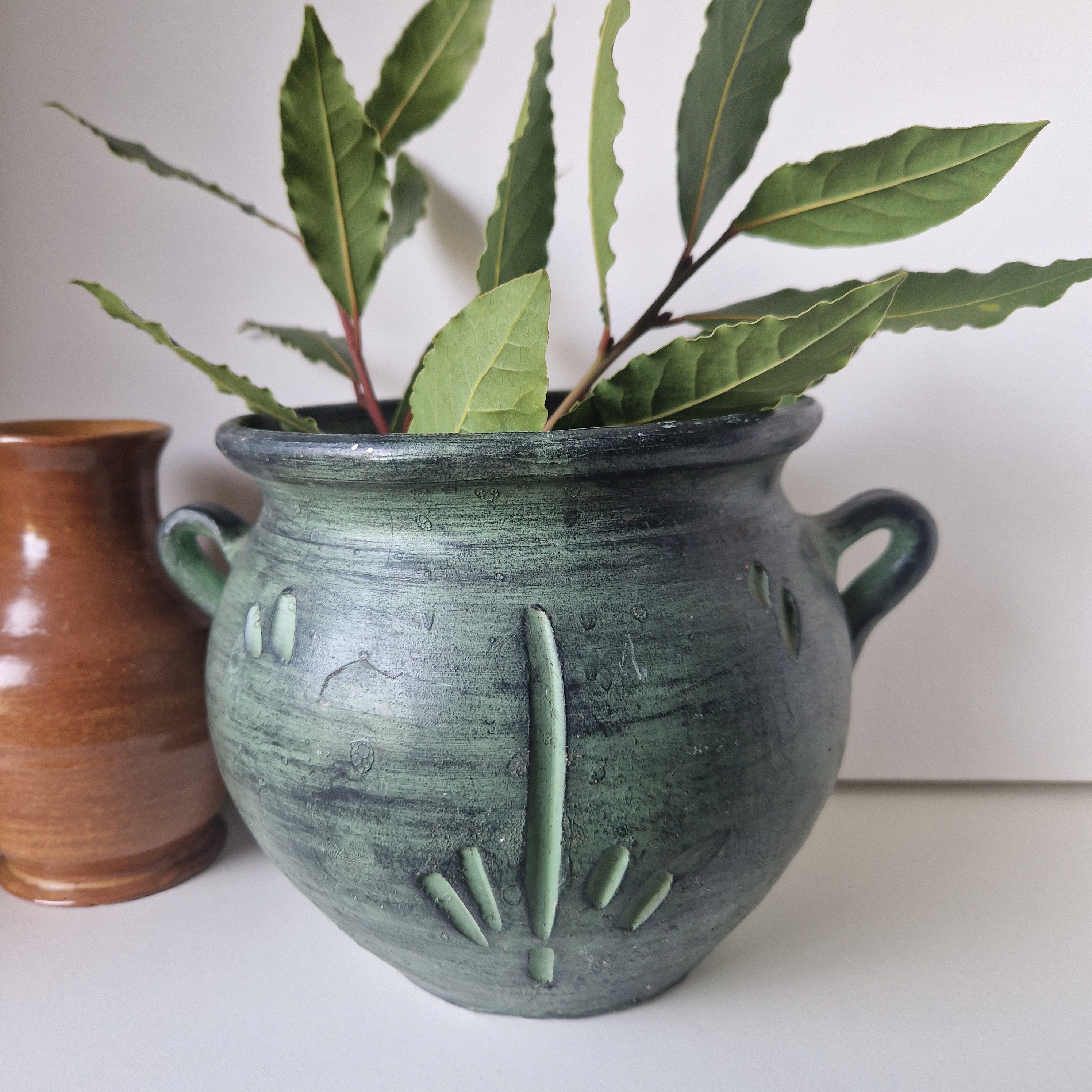 Vintage green Studio pottery Planter decoration
