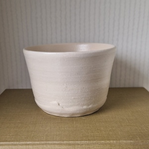 May include: A white ceramic planter with a slightly textured surface. The planter has a rounded shape and a wide opening.