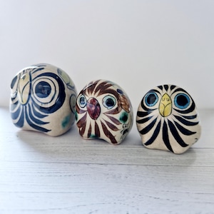 Vintage Tonala Owls, Handmade Mexico Pottery, Mexican clay, Hand Painted mid century, Set of 3 Glazed figures, Thanksgiving Idea, Gift Mom