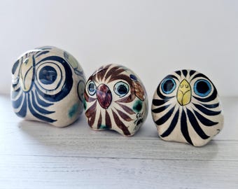 Vintage Tonala Owls, Handmade Mexico Pottery, Mexican clay, Hand Painted mid century, Set of 3 Glazed figures, Thanksgiving Idea, Gift Mom