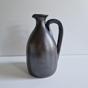 French Vintage Studio Pottery Pitcher: Dark Grey Ceramic Vase, Signed Jean Dubost