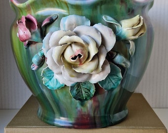 Vintage Cachepot planter deco, Barbotine style, Amazing Farmhouse decoration, Ceramic plant pot, Romantic Roses