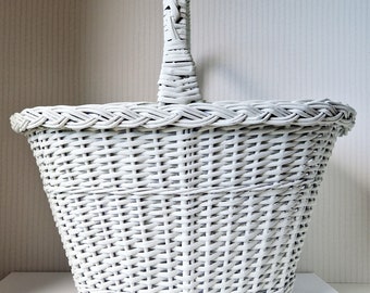 Vintage French Wicker Harvest Basket, Rustic White Country Decor