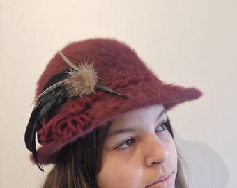 Vintage Kangol Angora Bucket Hat, Berry Feathered Winter Hat