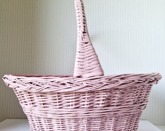Vintage French Wicker Harvest Basket, Rustic Pink Country Decor