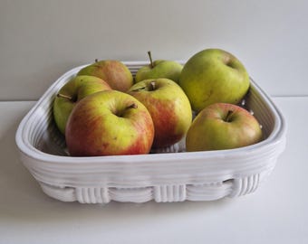 Vintage French Ceramic woven Fruit basket, white artwork, kitchen decorated organizer, Gift for Mom