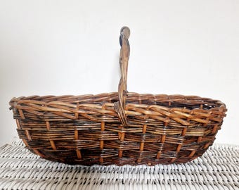 Antique French Wicker Harvest Basket: Rustic Country Decor