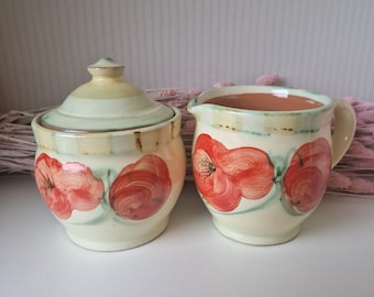 Vintage Pottery Terra Cotta Handmade French poppies pitcher and pot set, stoneware cookie jar, by Retrobyjenny