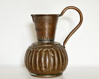 Eclectic Copper Pitcher, decorative, handmade vintage pitcher, made in the United Arab Republic