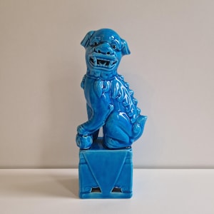Vintage chinesischer Foo Hund, chinesischer Löwe, Geschenk Mutter, blauer niedlicher Porzellan Wächter Löwe, Türkis kleiner Foo Hund, Porzellan Fu Hund, Mitte des Jahrhunderts