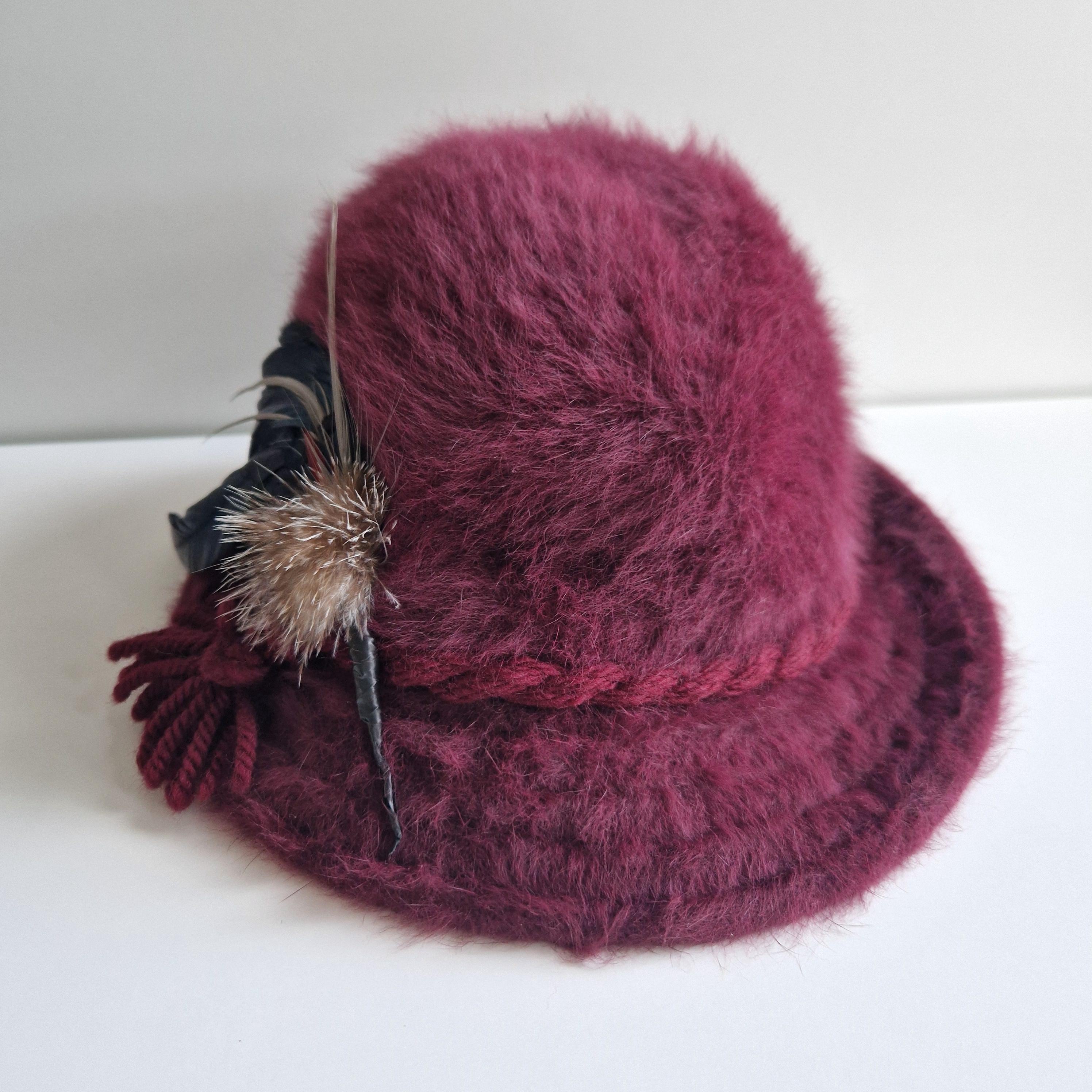 Vintage Kangol Angora Bucket Hat, Berry Feathered Winter Hat  display picture 3