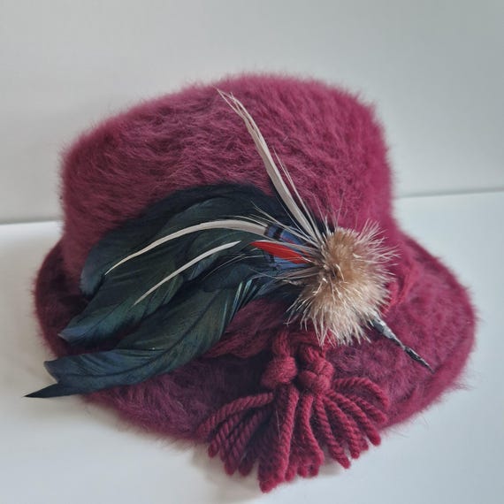 Vintage Kangol Angora Bucket Hat in Berry- NEW Vintage Kangol Angora Bucket Hat, Berry Feathered Winter Hat  main image 3