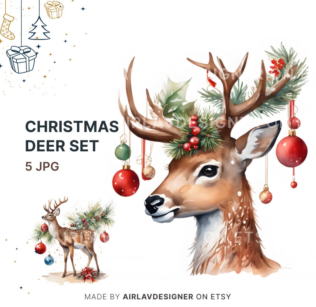 Festive Christmas Deer Clipart Bundle : 5 JPG de haute qualité - Etsy ...