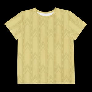 May include: A short-sleeved crew neck t-shirt in a pale yellow color featuring a repeating vertical pattern of light tan chevron arrows and thin stripes. The garment has a standard cut with a round neckline and short sleeves, displaying a consistent monochromatic design across the entire front surface.