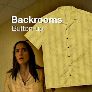 May include: A short-sleeved button-up shirt in a pale yellow hue featuring a repeating vertical chevron pattern in a darker shade of yellow. The shirt has a classic collar and a front button closure. The text "Backrooms Button-up" is visible.