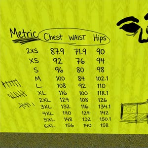 Metric size chart in centimeters for the Backrooms wallpaper button-up shirt on a yellow Backrooms wallpaper background, sizes 2XS to 6XL
