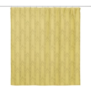 May include: A yellow shower curtain featuring a repeating vertical pattern of light-colored chevron arrows and thin parallel lines. The fabric hangs from a horizontal rod with visible rings, displaying a consistent geometric design throughout.