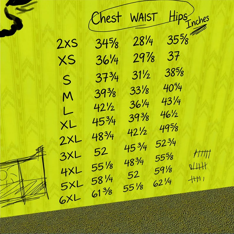 Size chart in inches for the Backrooms wallpaper button-up shirt, chest, waist and hips for sizes 2XS to 6XL
