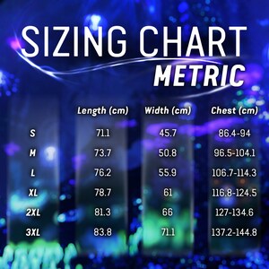 May include: Sizing chart for clothing in metric units. The chart shows sizes S through 3XL with corresponding length, width, and chest measurements in centimeters.