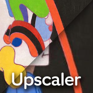May include: A split-screen graphic showing a colorful abstract illustration with green, blue, red, yellow, and black shapes on the left, contrasted against a solid black background with a diagonal orange line on the right, featuring the text Upscaler.