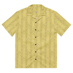 Front flat lay of the yellow Backrooms Level 0 wallpaper print short sleeve button-up shirt