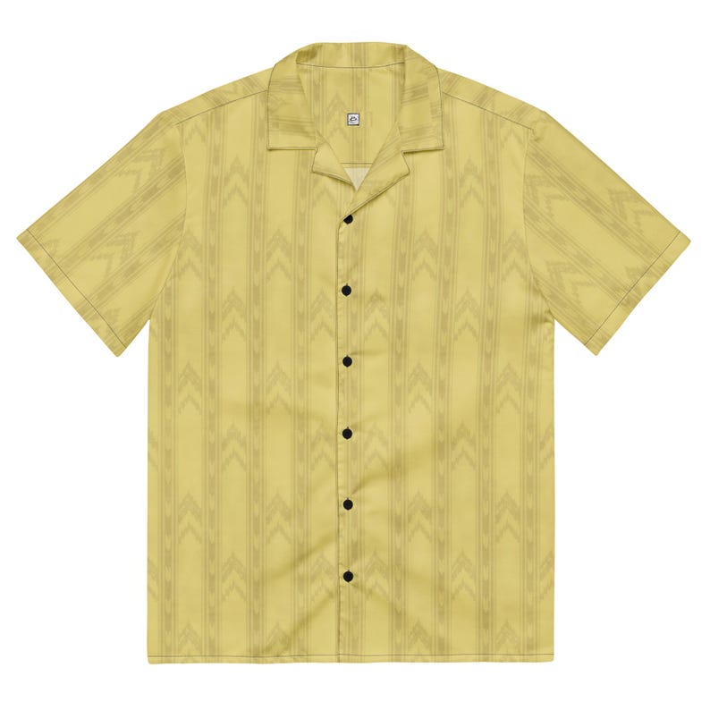 Front flat lay of the yellow Backrooms Level 0 wallpaper print short sleeve button-up shirt